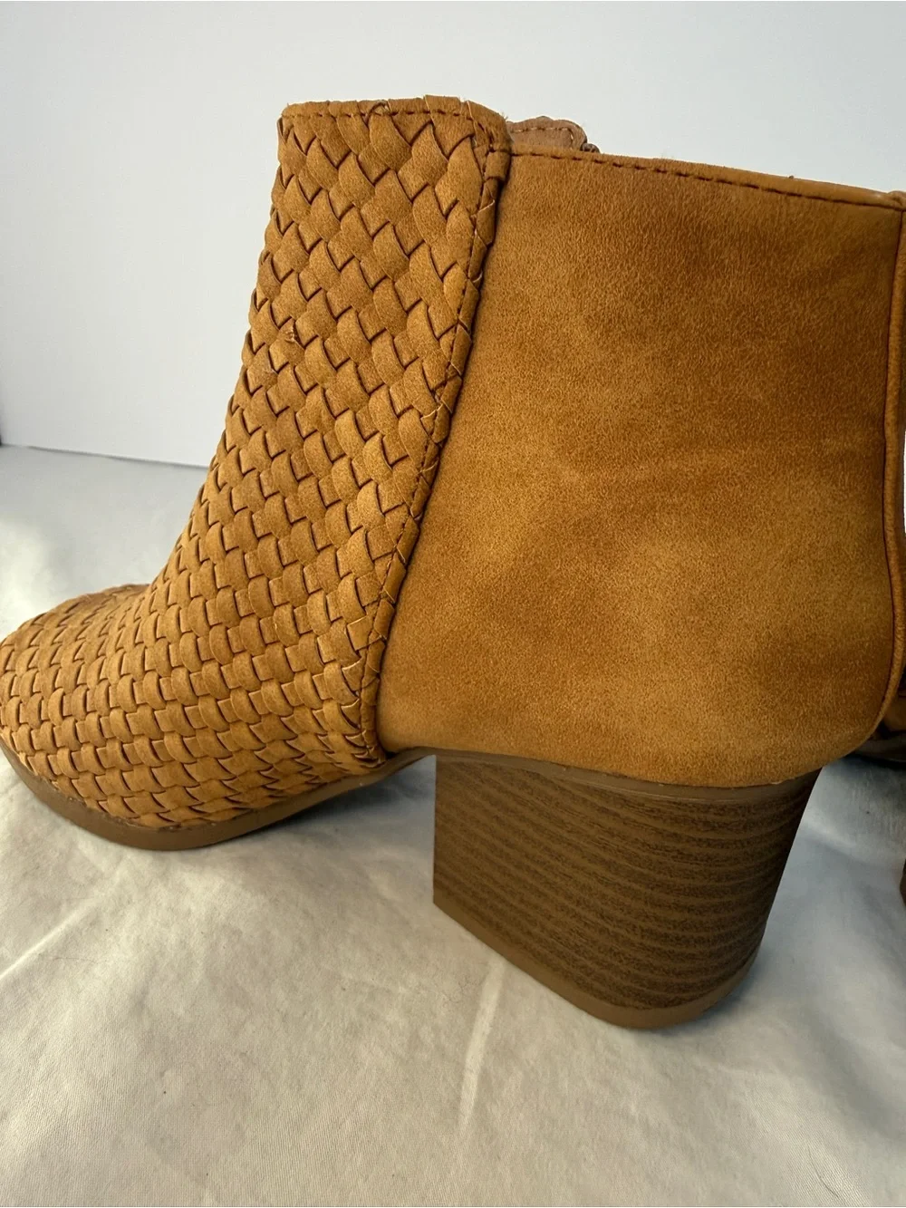 Qupid Woven Open-Toe Ankle Booties in Tan